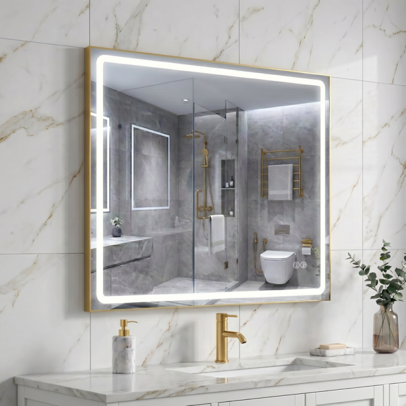 Дзеркало Aqua 80x70 88-Hra80s70-CWDd-mG з золотим профілем і LED підсвіткою