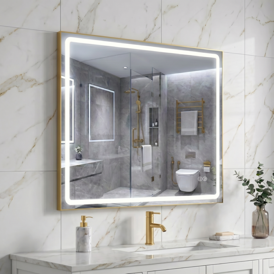 Дзеркало Aqua 80x70 88-Hra80s70-CWDd-mG з золотим профілем і LED підсвіткою
