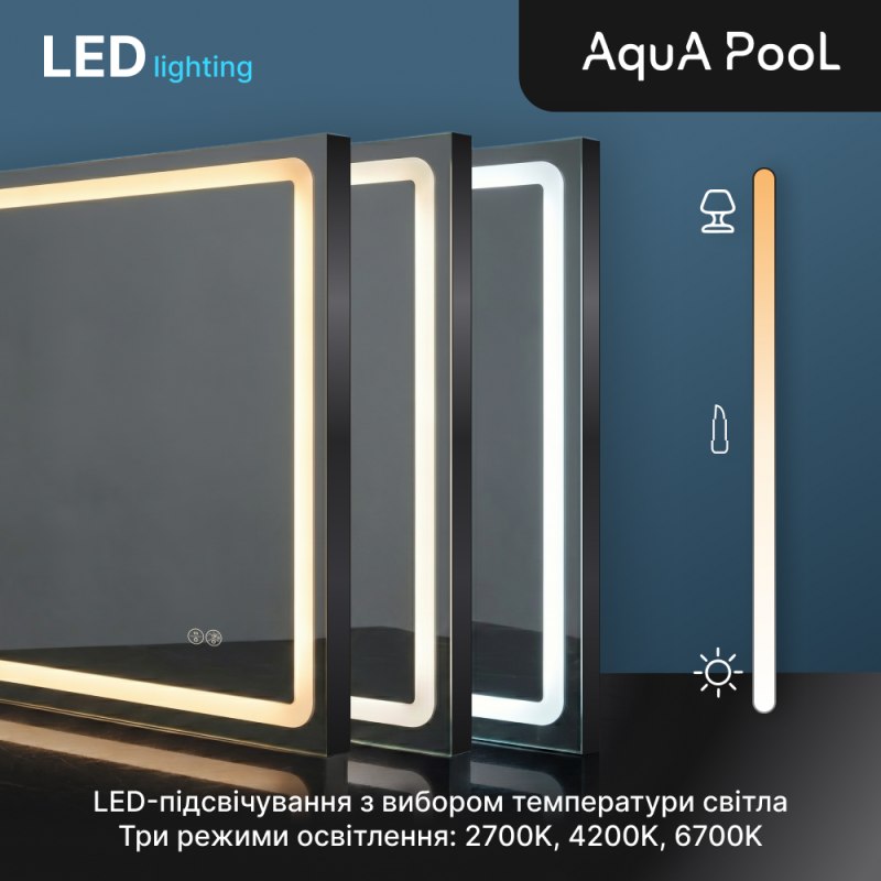 Дзеркало Aqua 80x70 88-Hra80s70-CWDd-mA з чорним профілем і LED підсвіткою