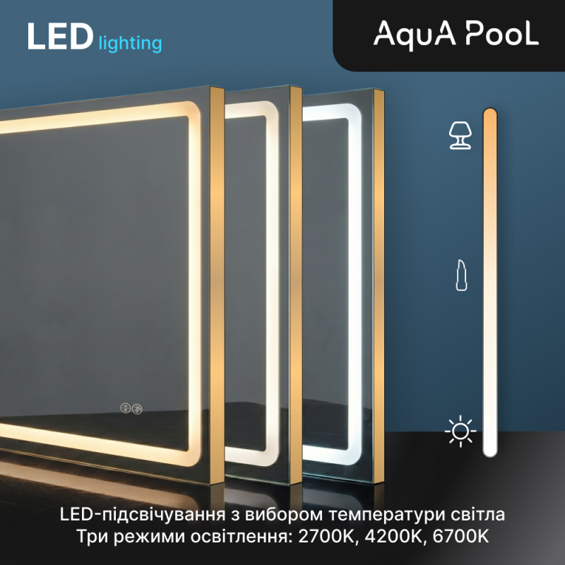 Дзеркало Aqua 80x70 88-Hra80s70-CWDd-mG з золотим профілем і LED підсвіткою